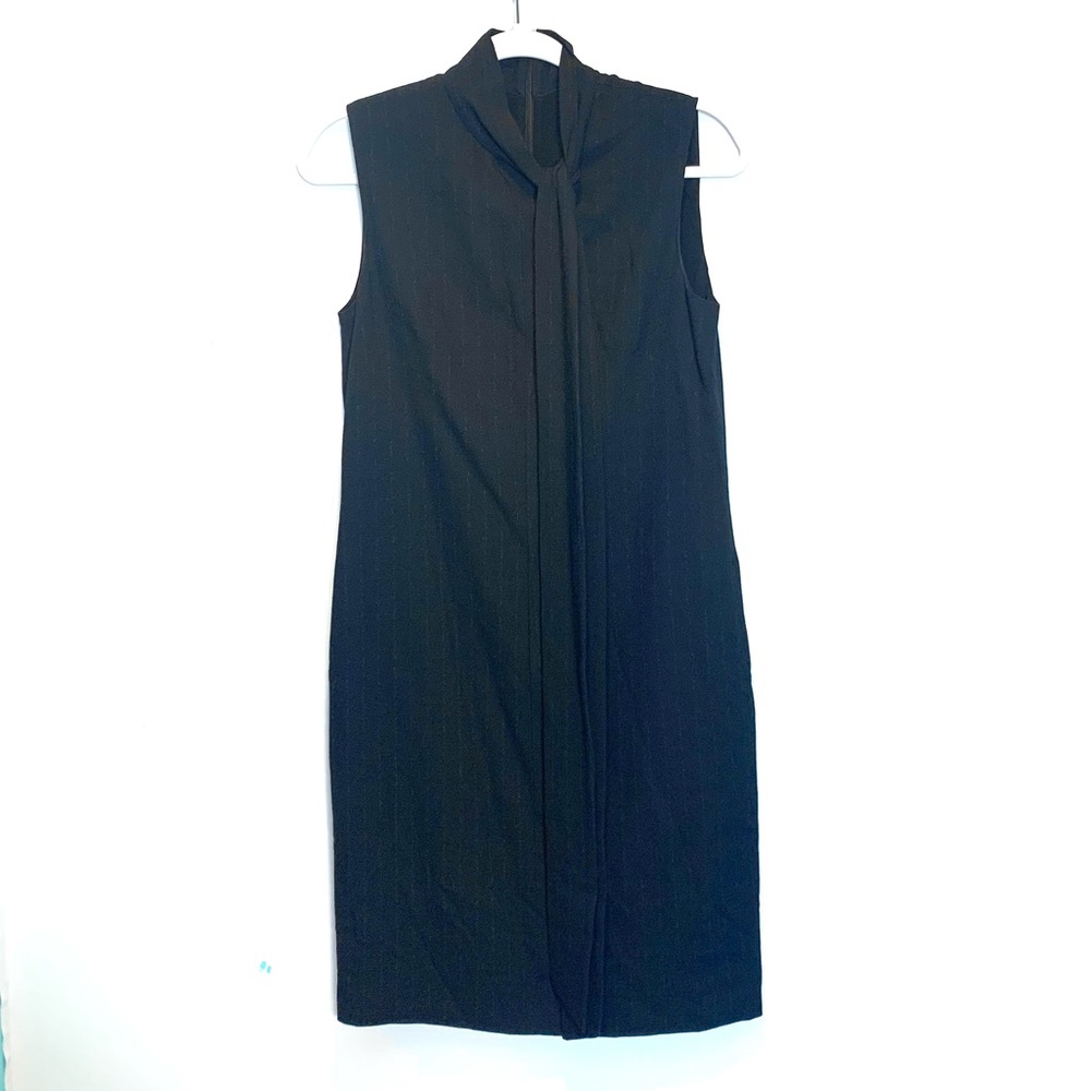 Les Copains Black Pinstripe Sheath Dress Tie Neck Sleeveless